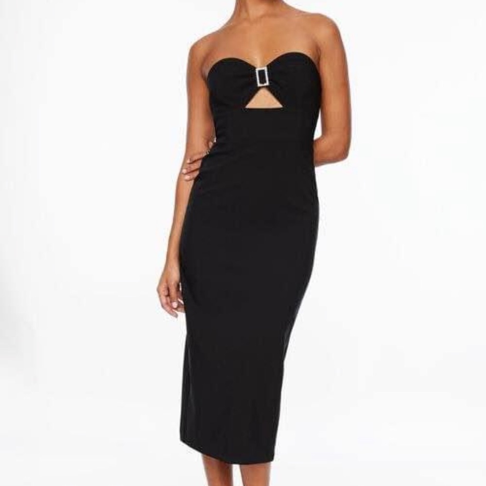 Dynamite Black Strapless Midi Dress with Buckle Accent